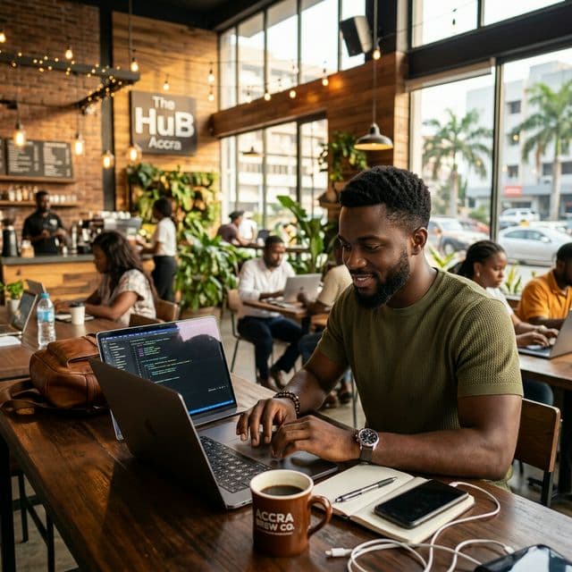 Un jeune consultant freelance utilisant TTR Gestion dans un espace de travail moderne à Accra.